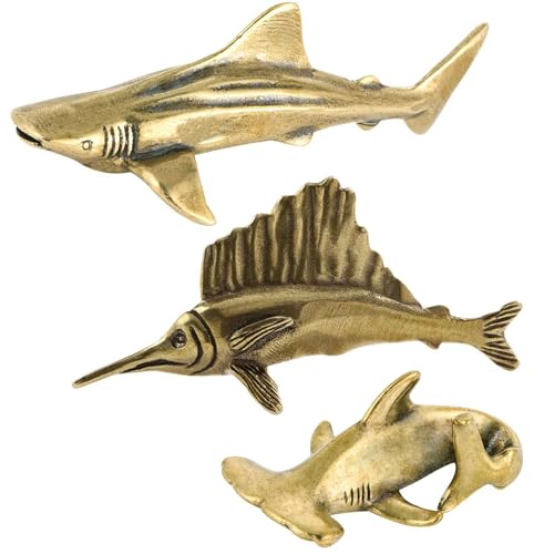 3Pcs Vintage Solid Brass Miniature Animal Figurine Desk Animal Ornament for Pet Enthusiasts Exquisite Collectible and Home Décor Accent (Shark + Swordfish 3 pcs) - color: Shark + Swordfish 3 Pcs