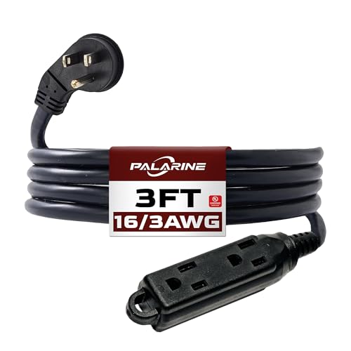 3 Ft Black Flat Plug Extension Cord with 3 Outlets, 16 Gauge Heavy Duty - color: Black, size: 3 FT