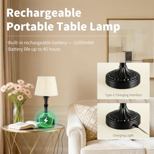 Mr.White Set of 2 Rechargeable Cordless Table Lamp with Fabric Shade, 5200mAh Battery Operated LED Table Light, for Restaurant Kitchen Patio Dinner Dining (Black) - color: 12.4" Black (2 Pack)