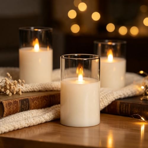 NICEME Clear Glass Flameless Candles Battery Operated with Remote Timer, Real Wax LED Pillar Candles with Flickering Flame Pure White Radiance Evanescing Fake Candles for Wedding Home Decor, Set of 3 - color: White + Clear Glass, size: D 3”×H 4”5”6”