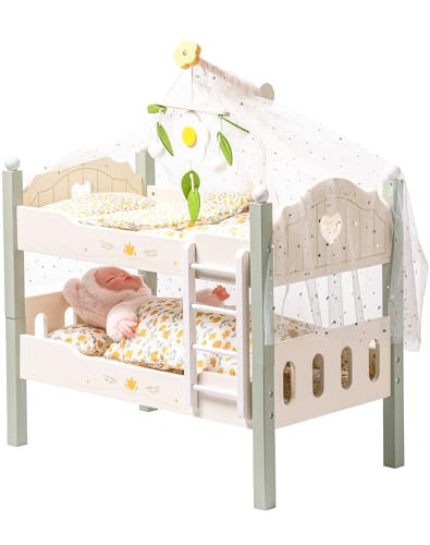 ROBOTIME Baby Doll Bunk Bed, Wooden Doll Crib for 18 Inch Dolls, American Girl Doll Furniture Toy with Bedding (Green, 2 Pcs Beds) - style: Green Modern