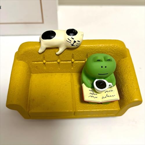 Miniature Yellow Sofa Figurine Set with Reading Frog and Cat, Cute Desk Decor, Funny Gifts for Frog and Cat Lovers - style: Yellow Sofa Frog
