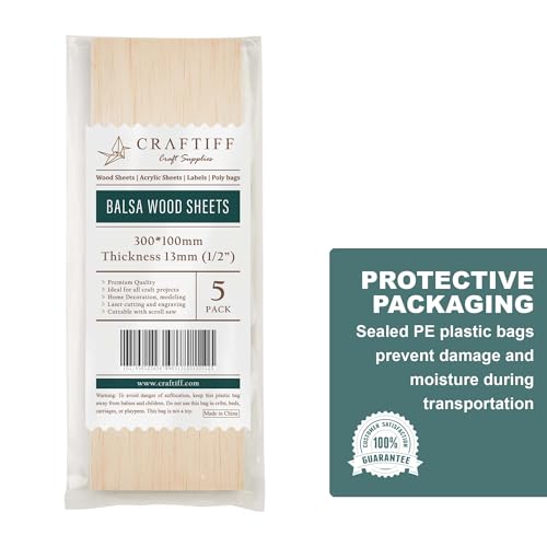 Balsa Wood Sheets 1/2" Inch Thick 12" x 4" Unfinished Wooden Board by Craftiff (5 Pack)