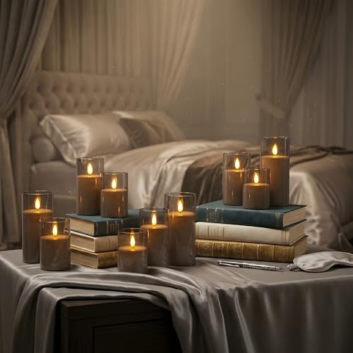 NICEME Flickering Flameless Candles with Remote Timer Unbreakable Acrylic Battery Operated LED Candles with Flickering Flame 3D Wick for Romantic Ambience Home Decor Set of 3, D3” xH4” 5” 6” Gray - color: Ivory + Gray Acrylic, size: D 3”×H 4”5”6”