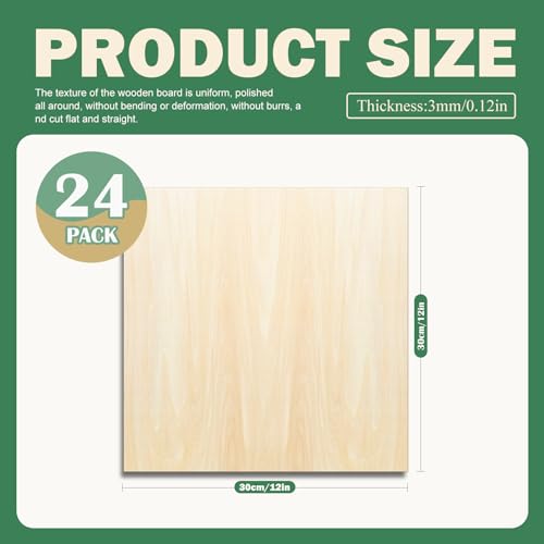 24 Pack 12"x12"Basswood Sheets 1/8",3mm Basswood for Laser Cutting,3mm Plywood Unfinished Wood Craft Wood for DIY Ornaments and Models Drawing Painting Engraving Wood Burning and Laser Cutting