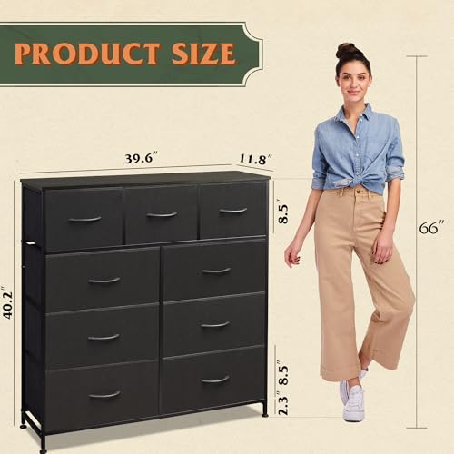 WLIVE Tall Dresser for Bedroom, 9 Drawer Chest of Drawers, Charcoal Black - color: Charcoal Black