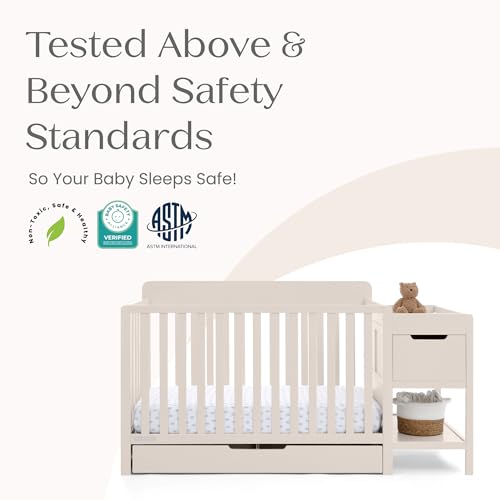 Delta Children Maya 5-in-1 Convertible Crib and Changer with Storage, Converts to Toddler Bed, Daybed, Sofa & Full Bed, Greenguard Gold Certified, 3 Mattress Heights for Baby, Soft Beige - color: Soft Beige