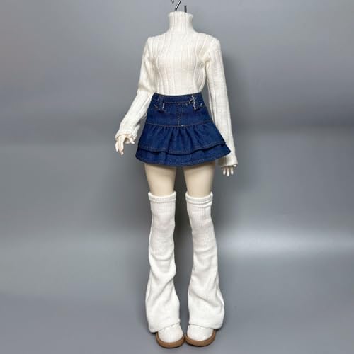 1/3 Scale SD BJD Outfit for 60cm Dolls – Knit High-Neck Top with Denim Skirt and Leg Warmers Set, Doll Not Included - color: Pleated Black (Black Warmers)