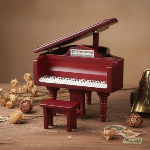 Miniature Piano for Dollhouse Furniture Upright Grand Piano with Stool Instrument 1 12 Ornament Artificial House Scene Accessories Desktop Decoration (Red) - style: Red