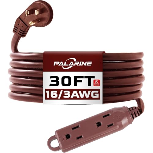 30 Ft Brown Flat Plug Extension Cord with 3 Outlets, 16 Gauge Heavy Duty - color: Brown, size: 30 FT