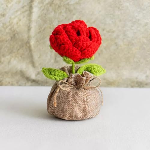 Crochet Red Rose Flowers Bouquet for Women Office Desk Decor - color: Boho Red Rose