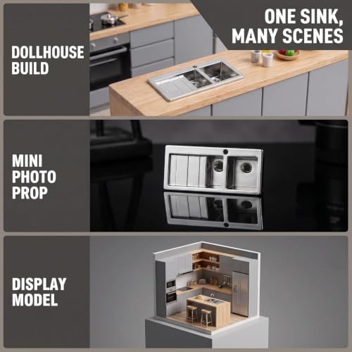 1Pcs Silver 1/12 Realistic Wash Basin Kitchen Double Sink Furniture Accessory for Dolls House,Model Role Play Miniature Size Toy Eco-Friendly,Dollhouse Accessory，Dollhouse Furniture