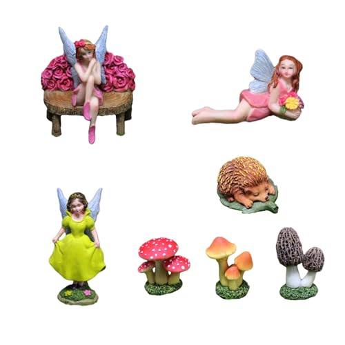 Fairy Garden Figurines Set of 6-3 Mini Fairies with 2 Mushrooms & Hedgehog, Resin Miniature Figurines for Fairy Garden Decor, Outdoor Garden Statues, DIY Terrarium Accessories - color: 6pc