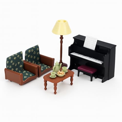 Family Dollhouse Living Room Set — Piano with Bench & Sheet Music, Two Armchairs, Coffee Table, Floor Lamp & Tea Set — Dollhouse Furniture & Accessories for Ages 3+ - style: Living Room Set