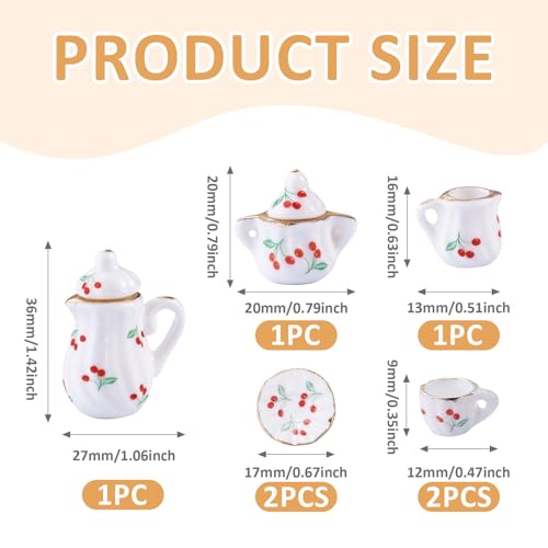 7Pcs Cherry Pattern Handmade Porcelain Mini Tea Sets White Miniature Ceramics Cup Teapot Sugar Bowl Cute Drink Dollhouse Kitchen Accessories for Necklaces Keychain Jewelry Making - color: White With Cherry