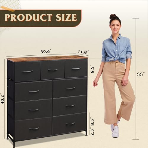WLIVE Tall Dresser for Bedroom, 9 Drawer Dresser, Black and Rustic Brown - color: Black and Rustic Brown