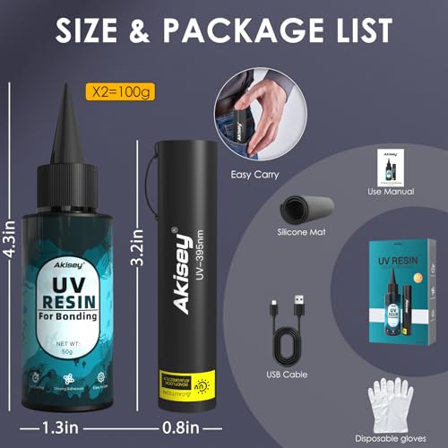 Akisey 100g UV Resin Kit with Light for Bonding & Fast Curing in Seconds - size: 100g
