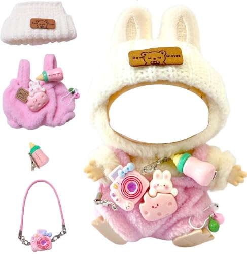 Clothes for LABUBU 17cm Doll (NO Doll),Outfit for LABUBU,Dress and Hairpin Set for LABUBU Dress Up,Accessories for LABUBU - color: Pink Bear