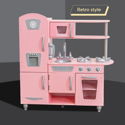 KidKraft Vintage Wooden Play Kitchen with Pretend Ice Maker and Play Phone, Pink - color: Pink