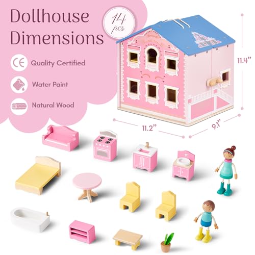 Exquisite Pink Wooden Dollhouse for Girls with Dolls and Furniture