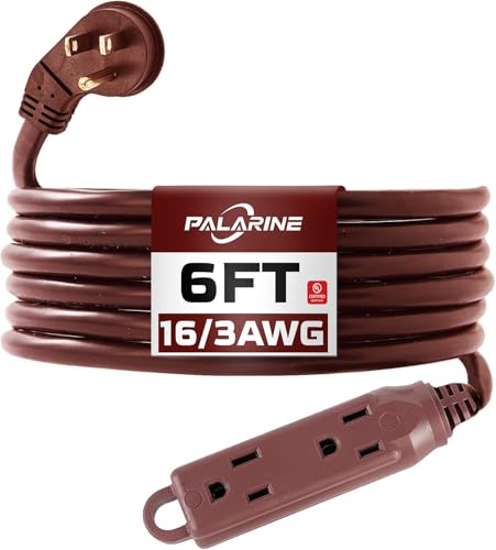 6 Ft Brown Flat Plug Extension Cord with 3 Outlets, 16 Gauge Heavy Duty - color: Brown, size: 6 FT
