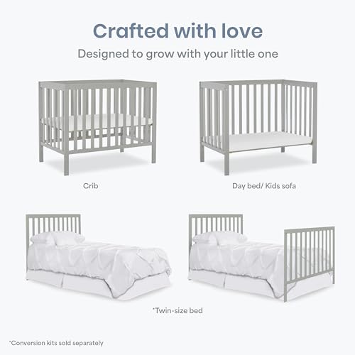 Dream On Me Edgewood 4-in-1 Convertible Mini Baby Crib in Cool Grey, GreenGuard Gold & JPMA, Non-Toxic, Compact 40×25×33″ Design, Converts to Mini Daybed & Twin Bed, 1″ Mattress Pad - color: Cool Grey