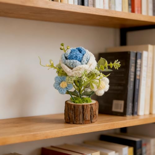 Crochet Blue Rose Flowers Bouquet for Women Office Desk Decor - color: Gradient Blue Roses