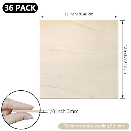 36 Pack Basswood Sheets 1/8 inch, 3mm Basswood for Laser Cutting, 12 x 12 inch Wood Slabs for Crafts, DIY Architectural Models Making, Wood Engraving, Staining