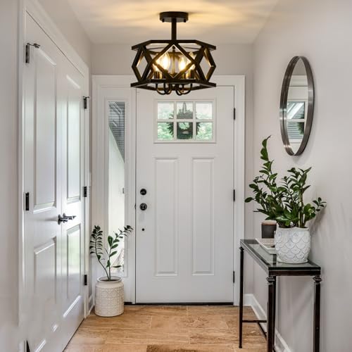 Black Semi Flush Mount Ceiling Light, Modern Foyer Lighting Fixture, 4-Light Metal Ceiling Lamp, Small Farmhouse Chandelier for Hallway Entryway Porch Bedroom Kitchen, E12 Base - color: Black