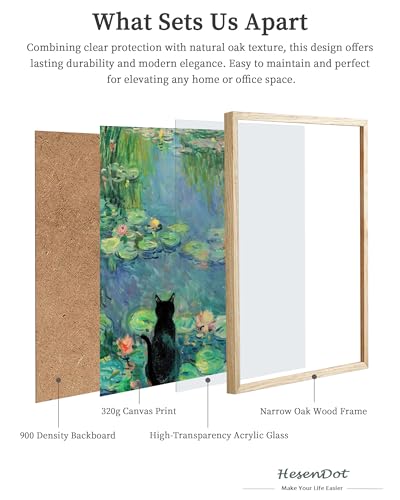 HesenDot 12x16in Claude Monet Waterlily Cat Framed Wall Art, - color: Framed Full Monet Waterlily Cat
