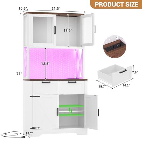 Unikito 71" Kitchen Pantry Cabinet with LED Light & Outlet, Microwave Stand - color: White+rusitc, size: 32 Inch