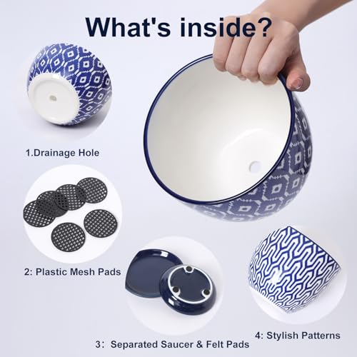 Selamica Ceramic Plant Pots, 5.6 Inch Flower Pots for Indoor Plants with Drainage Hole and Saucer,Home Decor, Set of 4, Vintage Blue - color: Vintage Blue, size: 5.6 inch, set of 4