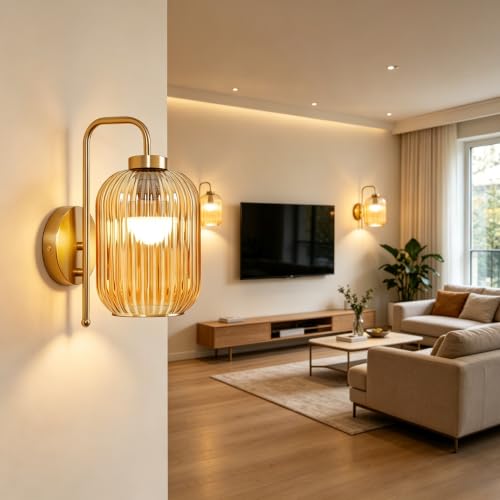 Wall Sconces Battery Operated,Rechargeable Wall Light with Glass Shade - color: Gold-Amber Shade