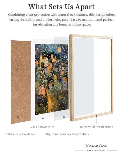 HesenDot Gustav Klimt Moon Stars Natural OAK Wood Framed Wall Art,12x16in - color: Framed Gustav Klimt Oak Wood