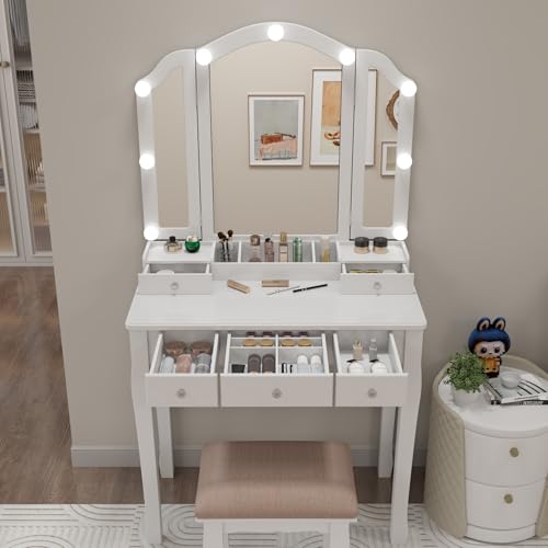 White Vanity Desk with Mirror and Lights Makeup Vanity Set Teen Vanity Mirror with Lights Desk and Chair Makeup Vanity Table Makeup Vanity with Drawers - style: White