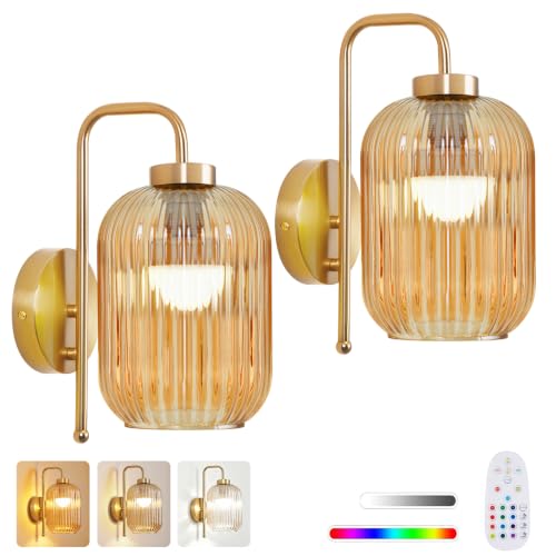 Wall Sconces Battery Operated,Rechargeable Wall Light with Glass Shade - color: Gold-Amber Shade