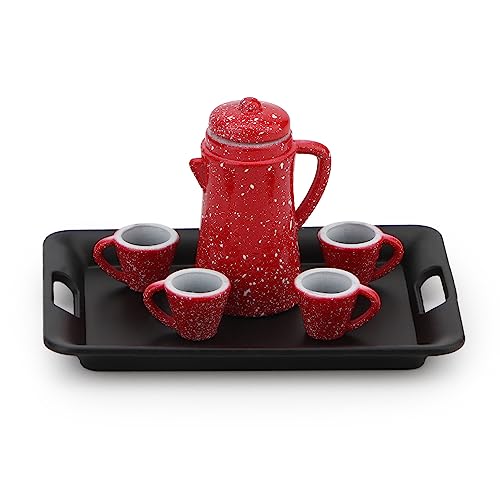 Dollhouse Miniature Spotted Coffee Pot with 4 Cups and Tray Kitchen Accessories 1:12 Scale Appliance Model Japanese Model Dollhouse Ornament Accessories (RED) - color: Red