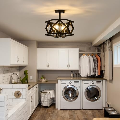 Black Semi Flush Mount Ceiling Light, Modern Foyer Lighting Fixture, 4-Light Metal Ceiling Lamp, Small Farmhouse Chandelier for Hallway Entryway Porch Bedroom Kitchen, E12 Base - color: Black