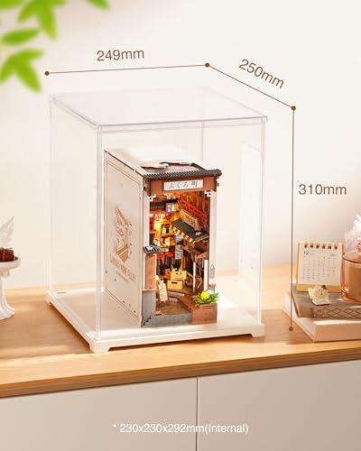 Rolife Acrylic Display Case for Miniature House and Collectibles, Clear Dust Cover Showcase with Door, Stackable Storage Box with White Base for Book Nook(9.1x9.1x11.5in) - size: 9.1"x9.1"x11.5"
