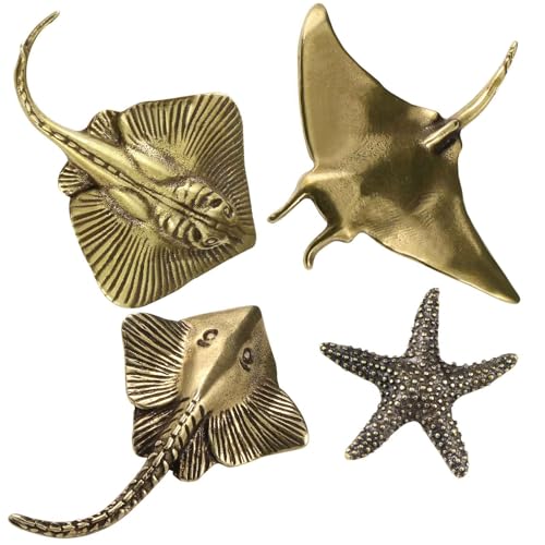 4Pcs Vintage Solid Brass Miniature Animal Figurine Desk Animal Ornament for Pet Enthusiasts Exquisite Collectible and Home Décor Accent (Manta Rays+Starfish 4Pcs) - color: Manta Rays+starfish 4pcs