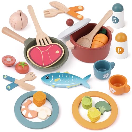 Wooden Play Kitchen Accessories, Pretend Play Food for Kids with Dishes