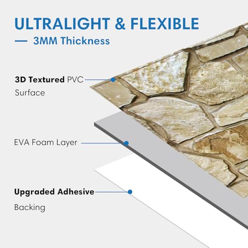 COMSTICKC 3D Faux Stone Wall Panels Peel and Stick Decorative Tiles - color: Faux Brown Stone -A