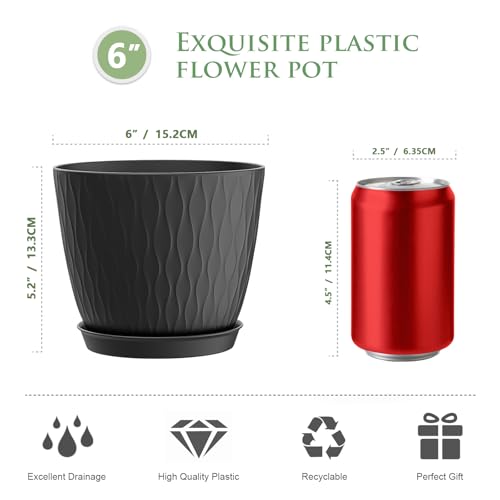 WSMKSZ 6 inch Plant Pots, 5 Pack Flower Pots with Drainage Holes and Saucers for Indoor Plants, Plastic Planters with Water Ripple for Small Garden House Plants, Nursery Pots for Succulent, Black - color: Black, size: 6inch 5pcs