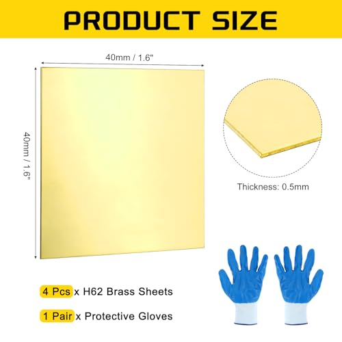 MECCANIXITY Brass Sheet, 1.6" X 1.6" 24 Gauge(0.5mm) Thickness H62 Brass Metal Plates Thin Metal Sheets with Gloves for Craft DIY Model Jewelry Electrical Repair Industrial, Pack of 4, Gold - size: 1.6" x 1.6" 24 Gauge(0.5mm)