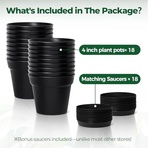 T4U Small Plant Pots 4 Inch 18 Pack, Plastic Flower Pots with Saucer Black - color: Black, size: 4 In
