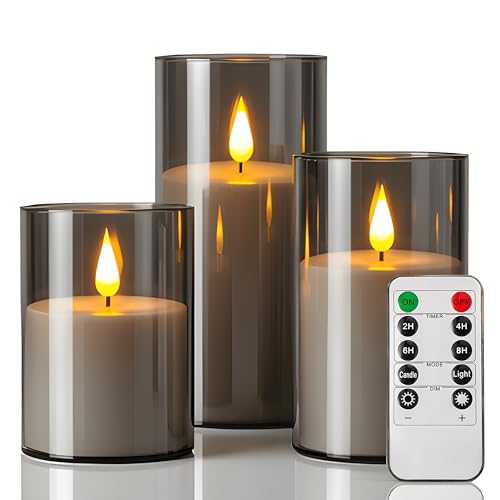 NICEME Flickering Flameless Candles with Remote Timer Unbreakable Acrylic Battery Operated LED Candles with Flickering Flame 3D Wick for Romantic Ambience Home Decor Set of 3, D3” xH4” 5” 6” Gray - color: Ivory + Gray Acrylic, size: D 3”×H 4”5”6”