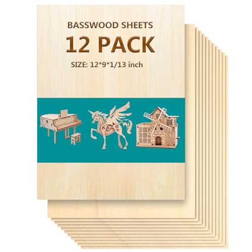 12 Pack Basswood Sheets 9"x12"x1/13, 2mm Basswood for Laser Cutting, Thin Plywood Unfinished Wood Pieces for Crafts, DIY Architectural Models Making, Wood Engraving, Wood Burning (12x9inX2mmX12pcs)