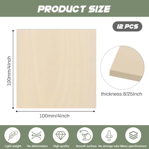 12 Pack Plywood Sheets, 4" x 4"x 8/25" Basswood Sheets - color: 12 Pack, size: 4" x 4"x 8/25"