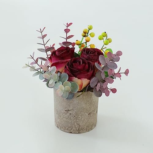 Artificial Burnt Burgundy Rose Potted Plant, Mini Faux Floral Decor - color: Burnt Burgundy