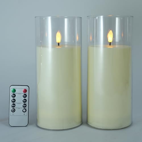 Niceme 9” x 4” Large Waterproof Outdoor Flameless Candles with Remote Control Timer, Flickering LED Pillar Candles Battery Operated for Indoor Outdoor Lanterns Patio Porch Decor, Long Lasting Set of 2 - color: Ivory + Clear Acrylic, size: D 4" X H 9"